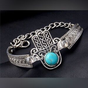 Vintage Hamsa Hand Good Luck Boho Bracelet with Turquoise Stone